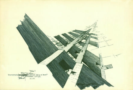 Claude Parent, Texture 1, Oblique tissu continu… architecture dont on ne connaît pas ni le commencement ni la fin, 22 aprile 1974 (© Collection DAF/Cité de l’architecture et du patrimoine, Archives d’architecture du XXe siècle)