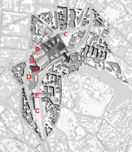 A: edificio servizi al viaggiatore; B: collegamenti Trento‐Kennedy-Trieste;
C: riqualificazione delle strutture ferroviarie esistenti; D: piazzali aree di servizio per la mobilità sostenibile, collegamento al bus terminal, collegamenti con le reti ciclopedonali
urbane ed extraurbane, aree di sosta e parcheggi; E: collegamento con l’ospedale Del Ponte