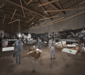 Vista della seconda sala con i plastici sospesi del progetto «Plan Selva»