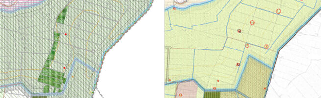 Confronto tra due estratti del documento preliminare al PSC (a sinistra) e del PSC (a destra) approvato dal Comune di Mirandola (Modena) nel luglio 2015: si può notare la differente densità di edifici sottoposti a vincoli di tutela (in rosso) nella medesima porzione di territorio di San Martino Spino