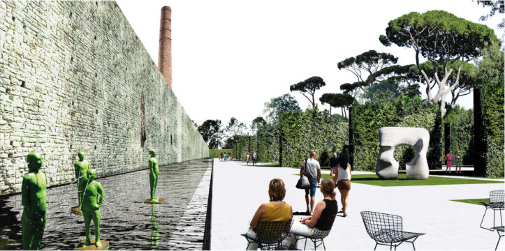 Vista lungo le mura storiche del progetto vincitore per il Parco centrale di Prato di OBR con Michel Desvigne Paysagiste