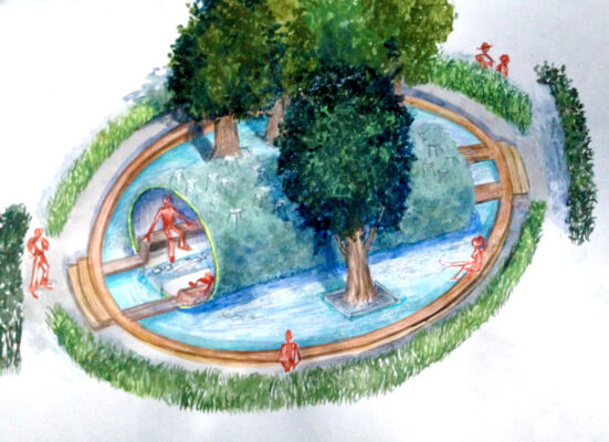 Evaporazione mediterranea è il giardino dell’italiano Stefano Passerotti, che riflette sull’attuale situazione del Mare Nostrum, utilizzando la metafora del tronco d’albero adagiato sull’acqua.