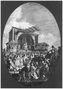 "Commedia italiana in Arena", incisione di M. Marcuola, II^ metà del Settecento. Si nota il palcoscenico del cosiddetto "teatro diurno", definito nel 1877 da Antonio Pompei "l'indecente baracca" che secondo lo studioso ingombrava e deturpava l'anfiteatro