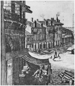 "La piazza della Bra' di Verona", incisione di T. Majeroni, 1747 (particolare). Si notano di scorcio i tetti inseriti al di sotto dei voltati del secondo livello per proteggere le sottostanti botteghe e abitazioni dalle infiltrazioni d'acqua provenienti dalla cavea