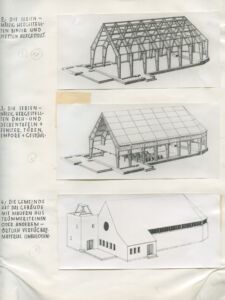 Otto Bartning, schema tipologico e assemblaggio di una Notkirchen, 1946 (© Archivio Otto Bartning, Universitá di Darmstadt)