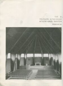 Otto Bartning, Chiesa di Emergenza tipo ‘B’ con altare poligonale; Pforzheim, 1948 (© Archivio Otto Bartning, Universitá di Darmstadt)