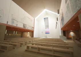 Vista interna aula liturgica (©Francesca Leto, Matteo Baratto grafica)