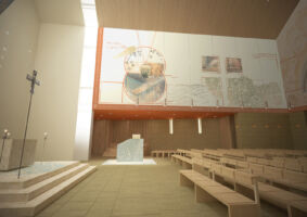 Vista interna ambone e opere d’arte (©Francesca Leto, Matteo Baratto grafica)