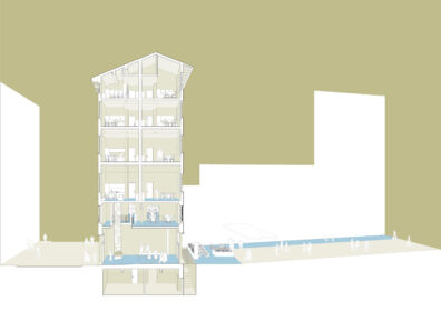 Sezione prospettica sull'atrio d'ingresso (©Diverserighestudio)