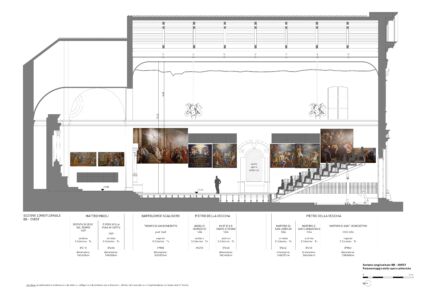 San Teonisto, sezione longitudinale ovest con ricollocazione opere originarie. Studio Tobia Scarpa