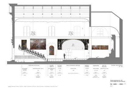 San Teonisto, sezione longitudinale est con ricollocazione opere originarie. Studio Tobia Scarpa