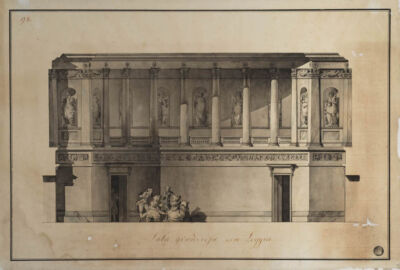 Progetto per una sala grandiosa con loggia. Sezione.
penna e china, china diluita, acquerello grigio e a colori su carta bianca vergata.
Archivio fotografico GAve - “su concessione del Ministero dei beni e delle attività culturali e del turismo, Museo Nazionale Gallerie dell’Accademia di Venezia”