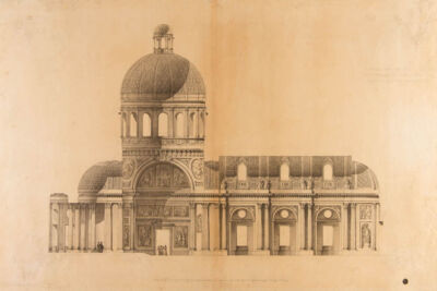 Cattedrale della Trinità nel Monastero Nevskij. Sezione longitudinale.
matita, penna e china, china diluita su carta bianca vergata. Archivio fotografico GAve - “su concessione del Ministero dei beni e delle attività culturali e del turismo, Museo Nazionale Gallerie dell’Accademia di Venezia”
