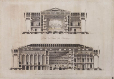 Grande Teatro. Sezione trasversale e longitudinale.
matita, penna con china, china diluita, acquerello grigio, acquerelli colorati su carta vergata.
Archivio fotografico GAve - “su concessione del Ministero dei beni e delle attività culturali e del turismo, Museo Nazionale Gallerie dell’Accademia di Venezia”