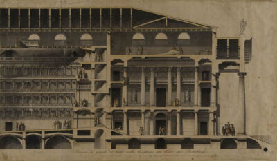 Grande Teatro. Sezione sull’atrio e su parte della sala.
matita, penna con china, china diluita, acquerello grigio, acquerelli colorati su carta bianca vergata.
Archivio fotografico GAve - “su concessione del Ministero dei beni e delle attività culturali e del turismo, Museo Nazionale Gallerie dell’Accademia di Venezia”
