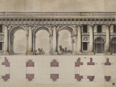 Botteghe del Gabinetto imperiale presso Palazzo Aničkov Prospetto e pianta dell’ingresso.
penna e inchiostro nero, acquerello colorato su carta bianca vergata.
Archivio fotografico GAve - “su concessione del Ministero dei beni e delle attività culturali e del turismo, Museo Nazionale Gallerie dell’Accademia di Venezia”