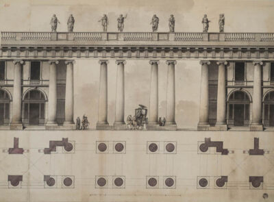 Botteghe del Gabinetto imperiale presso Palazzo Aničkov. Prospetto e pianta dell’ingresso.
matita, penna e inchiostro nero, acquerello colorato su carta bianca vergata.
Archivio fotografico GAve - “su concessione del Ministero dei beni e delle attività culturali e del turismo, Museo Nazionale Gallerie dell’Accademia di Venezia”