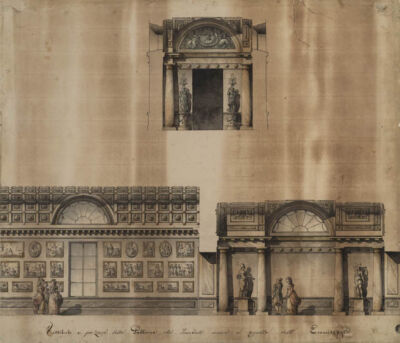 Vestibolo e galleria orientale del Piccolo Ermitage. Sezione trasversale e sezione longitudinale.
matita, penna a inchiostro nero e grigio, acquerello colorato su carta bianca vergata.
Archivio fotografico GAve - “su concessione del Ministero dei beni e delle attività culturali e del turismo, Museo Nazionale Gallerie dell’Accademia di Venezia”