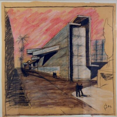 Alessandro Anselmi
Prospettiva Edificio polifunzionale presso la stazione di San Pietro, Roma (2002 - 2004), 2002
Schizzo di progetto/Prospettiva
Carboncino, grafite, pastelli colorati e gessetti su carta da spolvero
(Courtesy Fondazione MAXXI)