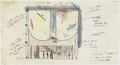 Carlo Scarpa
Allestimento della mostra Frank Lloyd Wright, XII Triennale di Milano, Milano, 1960
Grafite, pastelli e pennarello su carta
(Courtesy Fondazione MAXXI)