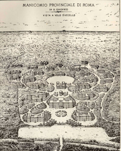 Manicomio Provinciale di Santa Maria della Pietà, Roma Sant'Onofrio. Vista a volo d'uccello, 1909, ingg. E. Negri e S. Chiera