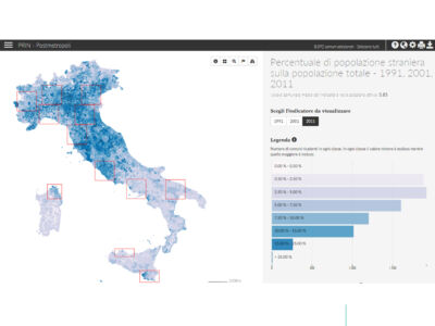 Mappa della presenza della popolazione straniera in Italia nel 2011 (valori percentuali) nelle regione urbane metropolitane (Atlante dei territori del post-metropolitano)