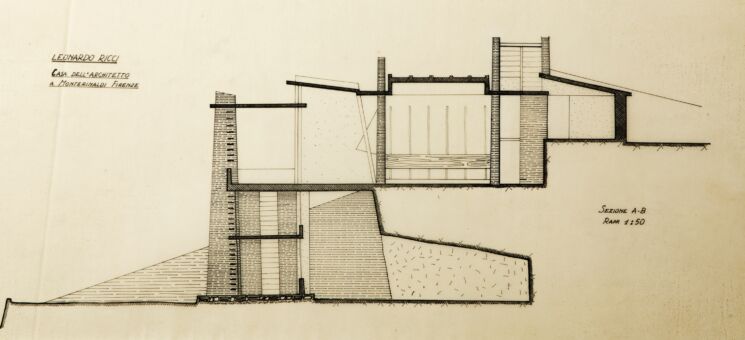 Casa dell’architetto a Monterinaldi. Sezione 1:50, 1949-1963
China su lucido, 355x740 mm
(Fondo Leonardo Ricci)
