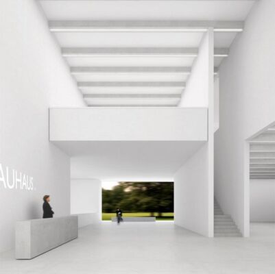 Prospettiva del Foyers nel nuovo Bauhaus-Museum di Weimar. Progetto vincitore di Prof. Heike Hanada con Prof. Benedict Tonon, Berlin