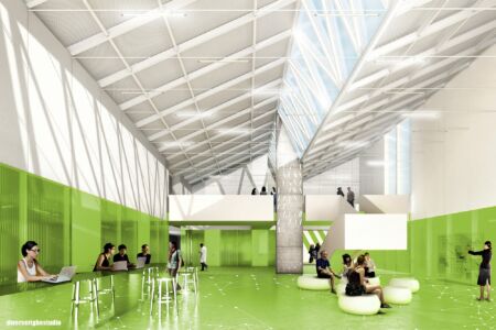 G-Factor, vista interna degli spazi comuni, sullo sfondo i percorsi distributivi su due livelli (progetto di diverserighestudio; Paris Render)