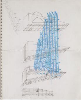 Carlo Scarpa (1906–1978), Studies for a theatre, 1970. Graphite and coloured pencils on trace 870 × 595 mm.Drawing Matter Collection