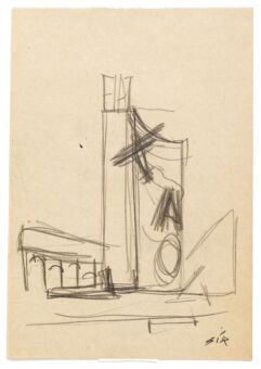 Mario Sironi (1855–1961), Fiat Pavilion, Fiera Campionaria di Milano, 1936. Pencil on thin butt paper 130 × 190 mm.Drawing Matter Collection