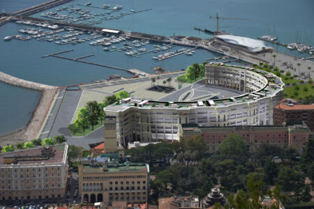 Ricardo Bofill, assonometria del Crescent con, sullo sfondo, il Terminal marittimo (fonte: crescentsalerno.it)