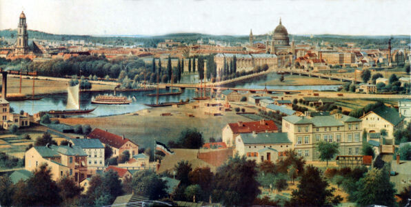 Vista di Potsdam con la Garnisonkirche, lo Stadtschloss e la Nikolaikirche (1871)