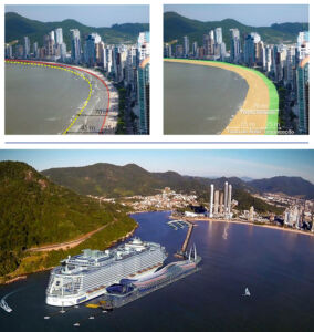 In alto lo schema di progetto per allargare la spiaggia, in basso il render del porto galleggiante