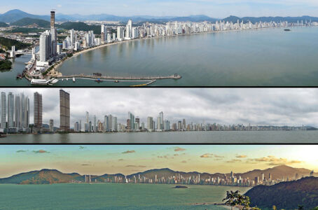 Panorama di Balneario Camboriù, in alto dal teleferico, in basso dalla baia di Itajai