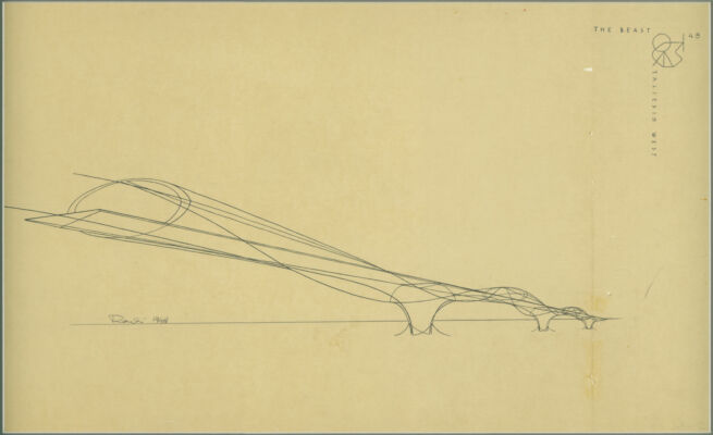 Paolo Soleri, progetto The beast per un ponte (1948, © Cosanti Foundation)