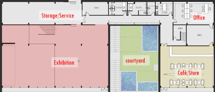Distribuzioni degli spazi nella pianta del 1° piano del museo di Qingdeng (©Daniel Saracino)