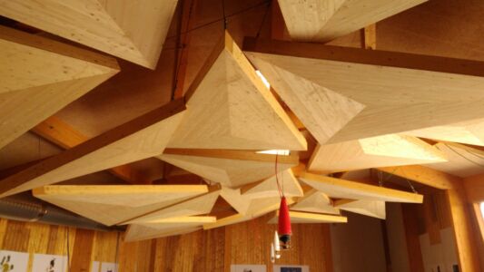 Il sistema di vele lignee e gli altoparlanti omnidirezionali migliorano l'acustica dell'auditorium