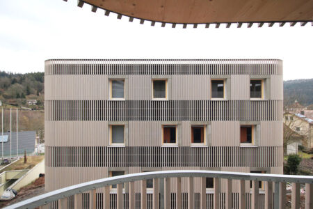 Pannelli a listelli verticali di varie dimensioni arricchiscono le facciate, Hoffnungshäuser Bad Liebenzell (©andOFFICE)