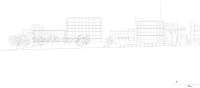 Prospetto sud-est del progetto di riconversione dell'ex birrificio Bötzow ad opera di David Chipperfield, Berlino, Germania, 2013–2022, (©David Chipperfield Architects Ltd)