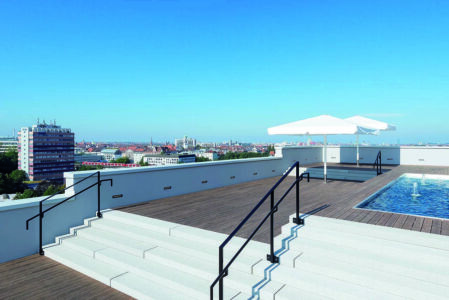La terrazza sul tetto del Werk 3, opera di Steidle Architekten (©Werksviertel-Mitte 2020)
