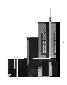 Teatro nazionale di Tirana, prospetto (da Menghini, Pashako, Stigliano, "Architettura moderna italiana per le città d'Albania, 2012)