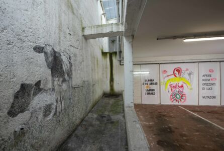 In primo piano: "Vitellini" di Stefano Arienti (Asola, 1961), acrilico su intonaco, dimensione ambiente, 2020