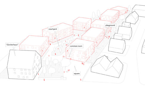 Gli spazi pubblici del progetto Maierhof a Bludenz e la presenza dell'edificio storico "Zürcherhaus" che ha influenzato le scelte dei progettisti feld72Architekten (©feld72)
