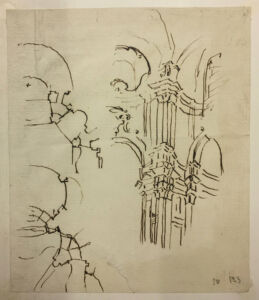 B. A. Vittone, schizzo con stralcio di pianta di una chiesa e sviluppo in altezza di un pilone (Musei Civici, Torino)