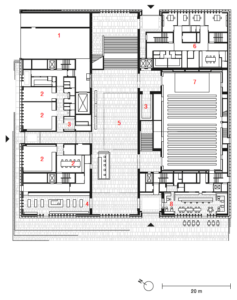 Pianta piano terra: 1) deposito; 2) spazi didattici; 3) guardaroba; 4) shop; 5) atrio; 6) amministrazione; 7) sala eventi; 8) bar
(© David Chipperfield Architects)