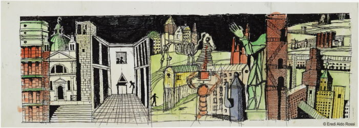Fantasia architettonica con elementi del cimitero di San Cataldo a Modena, della scuola di Broni e di altri progetti, s.d.
(© Eredi Aldo Rossi)