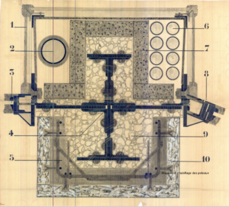 Principio della distribuzione verticale dei fluidi nella facciata del Magasin 3, 1930 (© SIAF Cité de l'Architecture et du Patrimoine)