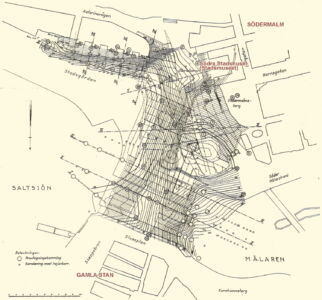 Slussen come istmo. Studio della fondazione (Teknisk Tidskrift, 1936, p. 122. Wikimedia)