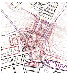 Slussen come palinsesto. Sovrapposizione di Kristinaslussen, Polhemslussen, Karl Johans Slussen e le diverse alternative di Tage William-Olsson tra 1929 e 1931 (Clúa, Á., 2017)
